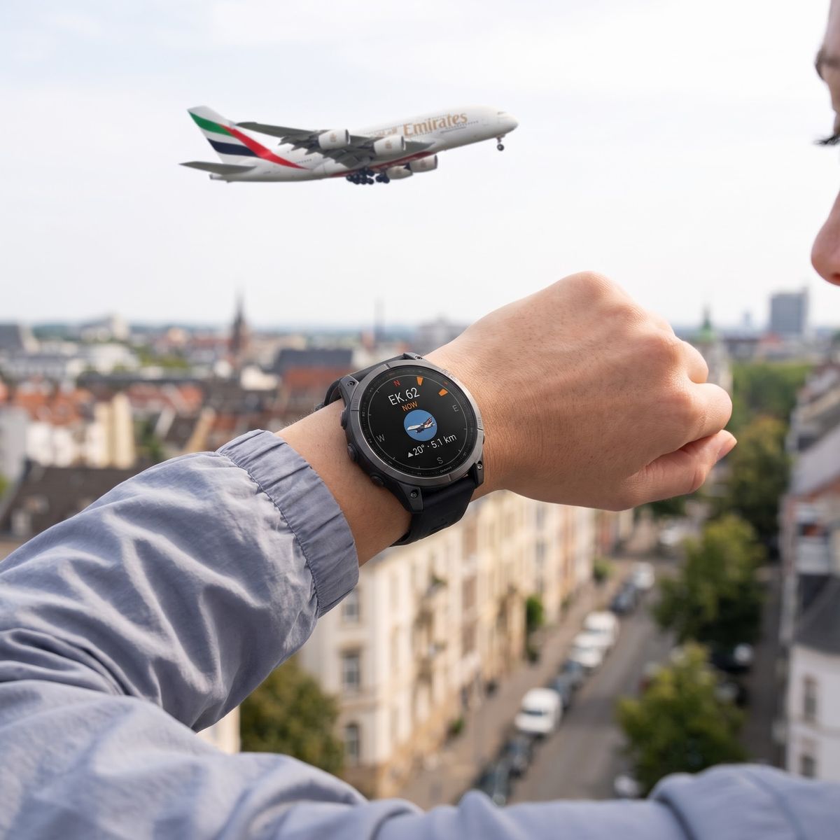 Blick auf die Uhr am Handgelenk über der Stadt, ein Flugzeug im Anflug: Tailradar-Kompass mit Foto